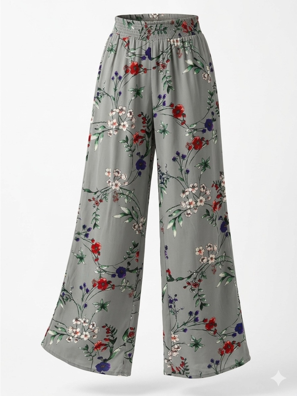 Pink Rose Floral Wide Leg Palazzo Pants Size XS Boho Smocked Waist Sage Grey
